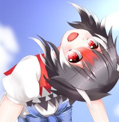Rule 34 | 1girl, blue sky, bow, cloud, day, dress, fang, horns, kijin seija, layered dress, leaning back, looking at viewer, multicolored hair, open mouth, red eyes, shaft look, short sleeves, sky, solo, touhou, upper body, yista