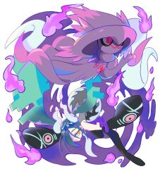 Rule 34 | aqua hair, black thighhighs, creatures (company), detached sleeves, floating, game freak, gen 4 pokemon, ghost, ghost miku (project voltage), glitch, gradient hair, grey shirt, hair over one eye, hatsune miku, highres, long hair, mismagius, multicolored hair, necktie, nintendo, oe (yamifuti), pokemon, pokemon (creature), project voltage, red eyes, shirt, skirt, sleeves past fingers, sleeves past wrists, thighhighs, twintails, very long hair, vocaloid, will-o&#039;-the-wisp (mythology), yellow eyes