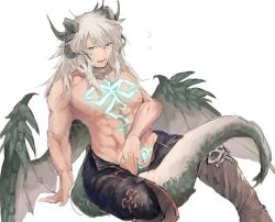 Rule 34 | 1boy, between legs, boots, buranran, chest tattoo, dark skin, dark-skinned male, dragon boy, dragon horns, dragon tail, dragon wings, fate/apocrypha, fate (series), flying sweatdrops, full body, green eyes, horns, long hair, male focus, open mouth, topless male, siegfried (fate), simple background, sitting, solo, tail, tattoo, white background, white hair, wings