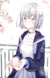 Rule 34 | 1girl, absurdres, alice fiction, black jacket, dress, grey eyes, grey hair, hair ornament, hairclip, highres, jacket, jewelry, long sleeves, minato (alice fiction), necklace, outdoors, petals, railing, short hair, smile, solo, standing, unha, white dress