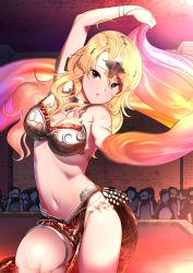 Rule 34 | 1girl, antenna hair, arabian clothes, arm up, armlet, bare shoulders, blonde hair, bracelet, breasts, bustier, commentary request, crowd, dancer, dancing, earrings, green eyes, harem outfit, headdress, hoshii miki, idolmaster, idolmaster (classic), jewelry, long hair, looking at viewer, medium breasts, midriff, motion blur, navel, necklace, pettan p, revealing clothes, shiny skin, solo