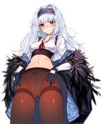 Rule 34 | 1girl, black gloves, black hairband, black jacket, black pantyhose, black skirt, blurry, blush, bow, bow panties, breasts, camouflage, coat, collarbone, collared shirt, cowboy shot, crotch seam, depth of field, feathers, girls&#039; frontline, gloves, gluteal fold, hairband, hands on thighs, humiliation, jacket, long hair, long sleeves, looking at viewer, medium breasts, messy hair, navel, neck ribbon, neck stitches, no pants, off shoulder, open clothes, open coat, panties, pantyhose, parted lips, pokan (xz1128), red eyes, red ribbon, ribbon, scar, scar on neck, shirt, sidelocks, simple background, skirt, solo, stitched neck, stitches, stomach, thighband pantyhose, thighs, thunder (girls&#039; frontline), tsurime, underbust, underwear, very long hair, white background, white panties