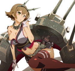 Rule 34 | 10s, 1girl, black skirt, blush, breasts, brown eyes, brown hair, cannon, cleavage, collarbone, gloves, green eyes, hair between eyes, halterneck, hand in own hair, head tilt, headgear, kantai collection, large breasts, looking at viewer, merican sack, mutsu (kancolle), navel, open mouth, pleated skirt, red thighhighs, rigging, shadow, short hair, simple background, skirt, solo, striped clothes, striped skirt, striped thighhighs, thighhighs, thighs, torn clothes, turret, white background, white gloves