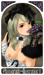 Rule 34 | 1girl, art nouveau, black eyes, breasts, choker, collar, flower, food, fruit, fur, gloves, grapes, harusaki azumi, large breasts, licking, lipstick, makeup, may (tea-break), nipples, original, photo-referenced, sexually suggestive, solo, tongue