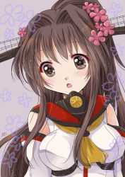 Rule 34 | 10s, 1girl, breasts, brown eyes, brown hair, cherry blossoms, commentary request, flower, hair flower, hair ornament, headgear, kantai collection, long hair, looking at viewer, medium breasts, miyamori raira, open mouth, ponytail, solo, yamato (kancolle)