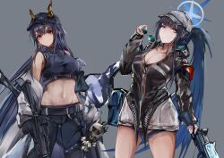 Rule 34 | 2girls, absurdres, arknights, bare legs, bare shoulders, baseball cap, belt, black belt, black gloves, black jacket, black pants, black shirt, blue archive, blue eyes, blue hair, breasts, ch&#039;en (arknights), ch&#039;en (arknights) (cosplay), ch&#039;en the holungday (arknights), cleavage, coat, commentary request, cosplay, cowboy shot, crop top, dragon horns, unworn eyewear, folded ponytail, gloves, grey background, grey coat, grey headwear, gun, halo, hand up, hat, high heels, highres, holding, holding gun, holding removed eyewear, holding water gun, holding weapon, horns, horns through headwear, ishigami shizuka, jacket, charm (object), kisumun, large breasts, leggings, long hair, long sleeves, looking at viewer, medium breasts, midriff, multiple girls, navel, off shoulder, open clothes, open coat, pants, red eyes, rifle, saori (blue archive), saori (blue archive) (cosplay), shirt, simple background, sleeveless, sleeveless shirt, standing, standing on one leg, stomach, sunglasses, talulah (arknights), thighs, very long hair, voice actor connection, water gun, weapon