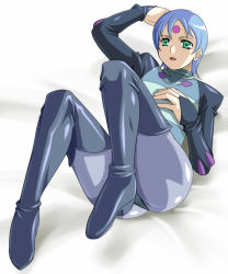 Rule 34 | 1girl, ass, bed, blue hair, bodysuit, boots, female focus, full body, gradient background, green eyes, lipstick, lying, makeup, muhi11234, ryss, short hair, solo, thigh boots, thighhighs, white background, zoids, zoids chaotic century