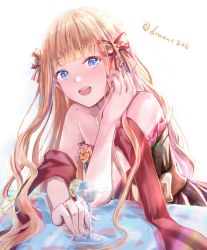 Rule 34 | 1girl, bad id, bad pixiv id, bare shoulders, blonde hair, blue eyes, blush, bow, breasts, cleavage, collarbone, cup, dress, drinking glass, elf, green dress, hair bow, hair ornament, highres, jewelry, kinom (sculpturesky), large breasts, long hair, looking at viewer, open mouth, pointy ears, princess connect!, saren (christmas) (princess connect!), saren (princess connect!), sash, shawl, sidelocks, smile, thighs