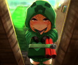 Rule 34 | 1girl, at2., blonde hair, blush, bomb, cowboy shot, creeparka, creeper, cupa (at2.), doorway, dynamite, explosive, gift, gloves, heart, highres, hood, hoodie, incoming gift, looking at viewer, minecraft, personification, pov doorway, red eyes, revision, short hair, solo, thighhighs, valentine