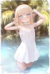 Rule 34 | 1girl, absurdres, ahoge, armpits, arms up, bare arms, bare shoulders, bingwei huang, blonde hair, blue eyes, blush, border, bow, bow hairband, choker, closed mouth, day, dress, elf, flat chest, hairband, highres, lace, lace-trimmed hairband, lace choker, lace trim, light smile, looking at viewer, medium hair, original, outdoors, pointy ears, sleeveless, sleeveless dress, solo, standing, sundress, wading, water, wet, wet clothes, wet dress, white border, white bow, white choker, white dress, white hairband