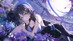Rule 34 | 1girl, absurdres, arm strap, bare shoulders, bison cangshu, black gloves, black hair, blue hat, bow, breasts, cleavage, closed mouth, dress, flower, garden, gloves, hat, highres, holding, large breasts, long hair, looking at viewer, lying, moon, night, night sky, pantyhose, single glove, sky, smile, solo, tacet mark (wuthering waves), very long hair, wuthering waves, yangyang (wuthering waves)