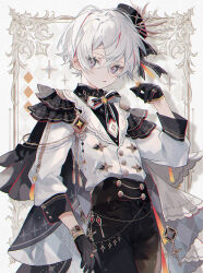 Rule 34 | 1boy, black bow, black cape, black gloves, black hat, black pants, black shirt, bow, cape, formal, gloves, grey eyes, hat, highres, jacket, long sleeves, looking at viewer, male focus, mini hat, namiki itsuki, original, pants, parted lips, picture frame, sailor collar, shirt, short hair, solo, sparkle, watch, white background, white hair, white jacket, wristwatch