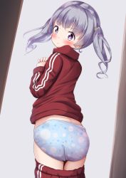 Rule 34 | 1girl, ass, blue panties, blush, child, closed mouth, clothes pull, commentary request, grey hair, hands up, head tilt, highres, jacket, kantai collection, long hair, long sleeves, looking at viewer, looking back, mochiyuki, ooshio (kancolle), own hands together, panties, pants, pants pull, purple eyes, red jacket, red pants, solo, standing, track jacket, track pants, track suit, twintails, underwear, v-shaped eyebrows