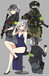 Rule 34 | 1girl, absurdres, ak-104, aleksandra morozova, ammunition pouch, arm support, armband, as val, assault rifle, averting eyes, bare shoulders, baseball cap, black choker, black footwear, black gloves, black hoodie, blue dress, blue eyes, blush, breasts, brown gloves, bulletproof vest, choker, cleavage, clipboard, combat helmet, cropped legs, crossed legs, dated commentary, dress, fingerless gloves, flower brooch, gloves, goggles, goggles on headwear, green armband, green headwear, green jacket, green pants, grey background, grey hair, grey headwear, grey pants, gun, h&amp;k vp9, hair between eyes, hand up, handgun, hat, headphones, helmet, high heels, highres, holding, holding clipboard, holding gun, holding weapon, holster, holstered, hood, hoodie, jacket, jewelry, kalashnikov rifle, load bearing vest, long sleeves, looking at viewer, magazine (weapon), mask, medium breasts, mouth mask, multiple views, ndtwofives, necklace, open mouth, original, pants, parted lips, ponytail, pouch, pumps, rifle, scope, short hair, side slit, sidelocks, simple background, sitting, sleeves rolled up, smile, stool, tactical clothes, thigh holster, thigh strap, trigger discipline, twitter username, vertical foregrip, walkie-talkie, weapon