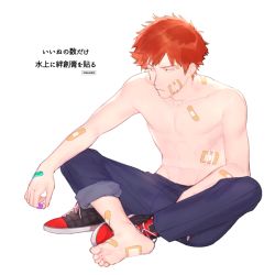 Rule 34 | 1boy, bandaid, bandaid on arm, bandaid on face, bandaid on foot, bandaid on hand, bandaid on leg, bandaid on shoulder, bandaid on stomach, blue pants, frown, gkrk89, indian style, injury, looking away, male focus, mizukami satoshi (world trigger), orange hair, outstretched arm, pants, pants rolled up, shoes, unworn shoes, short hair, simple background, single shoe, sitting, sneakers, soles, solo, toned, topless male, white background, world trigger