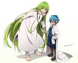 Rule 34 | 1boy, 1other, androgynous, arms behind back, asaya minoru, barefoot, blue eyes, blue hair, blue neckwear, blue shorts, blue vest, bow, bowtie, brown footwear, brown legwear, closed mouth, collarbone, collared shirt, commentary request, enkidu (fate), fate/extra, fate/extra ccc, fate/strange fake, fate (series), floating, floating object, gradient background, green background, green eyes, green hair, hair between eyes, hand on own hip, hans christian andersen (fate), headphones, lab coat, leaning forward, loafers, long hair, long sleeves, oversized clothes, pantyhose, puffy shorts, robe, shadow, shirt, shoes, short sleeves, shorts, sleeves past fingers, sleeves past wrists, smile, standing, tablet pc, toenails, twitter username, v-shaped eyebrows, very long hair, vest, white background, white robe, white shirt