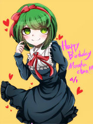 Rule 34 | 1girl, arm behind back, black dress, blush, child, danganronpa (series), danganronpa another episode: ultra despair girls, dress, green eyes, green hair, hairband, hand up, happy birthday, headband, headwear request, heart, highres, long sleeves, looking to the side, pale skin, red hairband, red headband, red headwear, simple background, smile, swastika, towa monaca, yellow background