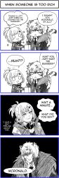 Rule 34 | 1boy, 1girl, 4koma, absurdres, animal ears, arknights, brand name imitation, comic, doctor (arknights), english text, female doctor (arknights), hair between eyes, highres, leopard boy, monochrome, sarasenia92, silverash (arknights), sweat, tail, vertical comic