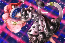 Rule 34 | 1girl, ;o, apron, barefoot, black dress, blue eyes, blue hair, bracelet, capelet, doremy sweet, dream soul, dress, eyebrows, frilled dress, frills, hat, hat ornament, highres, jewelry, looking at viewer, matching hair/eyes, nightcap, one eye closed, pom pom (clothes), short hair, solo, tail, tail bracelet, tapir tail, touhou, triangle mouth, tsubame (tsubamebame), waist apron