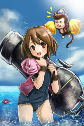 Rule 34 | 00s, 1girl, :d, ^^^, brown eyes, brown hair, cannon, cannoneer, child, hat, highres, hirasawa yui, jacket, k-on!, maplestory, monkey, one-piece swimsuit, open mouth, pirate hat, propeller, robert knight, round teeth, school swimsuit, short hair, smile, soaking feet, swimsuit, teeth, wading, water