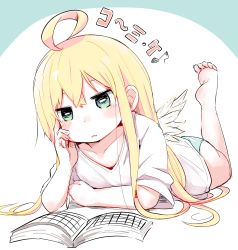Rule 34 | 1girl, absurdres, ahoge, angel wings, bare legs, blonde hair, blush, book, copyright request, green eyes, hand on own cheek, hand on own face, highres, long hair, lying, on stomach, panties, reading, shiro9jira, solo, underwear, wings