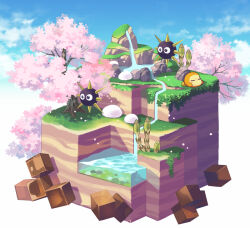 Rule 34 | 43, blue sky, blush, blush stickers, cherry blossoms, closed eyes, cloud, commentary request, cube, day, full body, gordo, grass, isometric, kirby (series), lying, nintendo, no humans, on stomach, plant, rock, scenery, simple background, sky, sleeping, tree, waddle dee, water, waterfall, white background