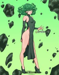 Rule 34 | 1girl, bare legs, bare shoulders, breasts, curly hair, curvy, dress, eyelashes, female focus, full body, green dress, green eyes, green hair, green nails, high heels, kameseru, nail polish, no panties, one-punch man, small breasts, solo, standing, tatsumaki, thick thighs, thighs