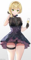 Rule 34 | 1girl, absurdres, artist name, black bra, black choker, black gloves, blonde hair, blush, bra, bra strap, bra visible through clothes, braid, breasts, choker, closed mouth, commentary request, cup, dress, dress flower, drinking glass, eye piercing, french braid, girls&#039; frontline, gloves, green eyes, hand in own hair, highres, holding, holding cup, looking at viewer, medium breasts, medium hair, purple dress, rynzfrancis, solo, standing, underwear, welrod mkii (girls&#039; frontline), white background, wine glass