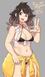Rule 34 | 1girl, agawa ryou, artist name, bikini, black bikini, breasts, brown hair, cleavage, clothes around waist, collarbone, collared shirt, commentary, cowboy shot, crop top, dated, english commentary, flipped hair, green eyes, grey background, halterneck, hand up, highleg, highleg bikini, jacket, jacket around waist, large breasts, long hair, looking at viewer, messy hair, micro bikini, navel, numbered, open mouth, original, plump, shirt, sidelocks, simple background, sleeveless, smile, solo, sweatdrop, swept bangs, swimsuit, teeth, thick thighs, thighs, upper teeth only, v, white shirt, yellow jacket