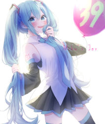 Rule 34 | 1girl, 39, absurdly long hair, aqua eyes, aqua hair, aqua necktie, artist name, artist request, balloon, bare shoulders, black skirt, black sleeves, black thighhighs, blue eyes, blue hair, blue necktie, blush, breasts, collared shirt, detached sleeves, female focus, hair between eyes, hair ornament, hatsune miku, headphones, headset, highres, holding, holding own hair, long hair, long sleeves, looking at viewer, miku day, necktie, parted lips, playing with own hair, pleated skirt, shirt, skirt, sleeveless, sleeveless shirt, sleeves past fingers, sleeves past wrists, small breasts, solo, thighhighs, twintails, very long hair, vocaloid, white background, white shirt