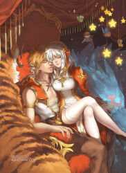 Rule 34 | 1boy, 1girl, beelzebub (ragnarok online), blonde hair, breasts, brown pants, champion (ragnarok online), championship belt, closed eyes, closed mouth, coat, commentary, cross, dress, eddga, english commentary, english text, feet out of frame, frilled hairband, frills, gift art, gold trim, hair between eyes, hairband, hatii (ragnarok online), hetero, high priest (ragnarok online), hood, hooded coat, juliet sleeves, long hair, long sleeves, medium breasts, midriff sarashi, multicolored coat, orc hero, pants, puffy sleeves, ragnarok online, red coat, red dress, red hairband, sarashi, shilin, short hair, sitting, sitting on lap, sitting on person, sleeveless, sleeveless coat, smile, smoking pipe, stormy knight, thighhighs, throne, tiger, two-tone coat, two-tone dress, valkyrie randgris, watermark, web address, white coat, white dress, white hair, white thighhighs
