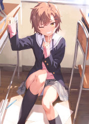 Rule 34 | 1girl, ;d, ahoge, bad id, bad pixiv id, black jacket, black socks, blazer, blush, brown hair, chair, commentary request, desk, finger to mouth, grey skirt, grin, hair between eyes, hair ornament, hairclip, hand up, highres, index finger raised, indoors, jacket, kinta (distortion), kneehighs, light particles, long sleeves, looking at viewer, on floor, one eye closed, open clothes, open jacket, open mouth, original, panties, pantyshot, paper, pen, plaid, plaid skirt, school chair, school desk, school uniform, serafuku, short hair, shushing, sitting, skirt, sleeves past wrists, smile, socks, solo, teeth, unbuttoned, unbuttoned shirt, underwear, upper body, upskirt, v-shaped eyebrows, white panties, wooden floor, yellow eyes