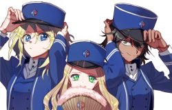 Rule 34 | 10s, 3girls, adjusting clothes, adjusting headwear, andou (girls und panzer), bad id, bad twitter id, bc freedom (emblem), bc freedom military uniform, black hair, blonde hair, blue eyes, blue hat, blue jacket, blue vest, brown eyes, closed mouth, commentary request, dark-skinned female, dark skin, dress shirt, emblem, folding fan, frown, girls und panzer, green eyes, hand fan, hat, high collar, holding, jacket, long hair, long sleeves, looking at viewer, marie (girls und panzer), medium hair, military, military hat, military uniform, multiple girls, oshida (girls und panzer), portrait, shako cap, shirt, shutou mq, simple background, smile, standing, uniform, vest, white background, white shirt