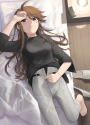 Rule 34 | 1girl, ahoge, arm up, belt, black belt, black shirt, blue eyes, blue nails, blush, bracelet, breasts, brown hair, closed mouth, epitaph (1122), feet, foot out of frame, from above, grey pants, hair between eyes, highres, idolmaster, idolmaster million live!, idolmaster million live! theater days, indoors, jewelry, long hair, long sleeves, medium breasts, nail polish, necklace, no shoes, on bed, pants, pantyhose, pantyhose under trousers, pillow, see-through, see-through legwear, shirt, slippers, solo, swept bangs, toes, tokoro megumi, unworn slippers, unzipping, wide sleeves, wooden floor