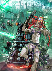 Rule 34 | 1girl, bracelet, braid, bug, city, colored skin, dalek, doctor who, energy, goggles, goggles on head, grey skin, gun, bug, jewelry, long hair, machine, open mouth, otaking, red eyes, red hair, robot, scenery, science fiction, solo, twin braids, weapon, wet