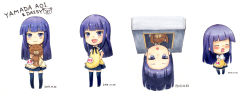 Rule 34 | 1girl, apron, badge, black thighhighs, blunt bangs, character name, chibi, closed eyes, crying, daisy (working!!), full body, hairline, handkerchief, hands on own hips, hime cut, long hair, multiple views, open mouth, purple eyes, purple hair, simple background, skirt, standing, stuffed animal, stuffed toy, tears, teddy bear, thighhighs, tio (pearschool12), tsurime, upside-down, waitress, white background, working!!, yamada aoi, zettai ryouiki