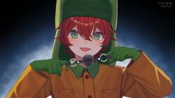 Rule 34 | 1boy, artist name, benpetry96, child, cord pull, crime prevention buzzer, gloves, green eyes, green gloves, green hat, hair between eyes, hat, highres, kyle broflovski, lightning background, long sleeves, male focus, medium hair, open mouth, red hair, shukusei!! loli-gami requiem, simple background, smile, solo, south park, upper body