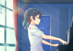 Rule 34 | 1girl, black hair, blush, breasts, closed eyes, closed mouth, commentary request, curtains, deadnooodles, door, from side, gradient hair, green hair, grey shirt, indoors, instrument, love live!, love live! school idol festival all stars, medium breasts, medium hair, multicolored hair, music, musical note, nijigasaki academy school uniform, piano, playing instrument, playing piano, school uniform, shirt, short sleeves, smile, solo, takasaki yu, twintails, window