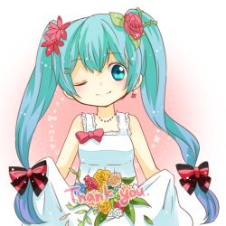 Rule 34 | 1girl, aged down, bead necklace, beads, blue eyes, blue hair, blush, bow, character name, dress, dress bow, earrings, flower, hair bow, hair flower, hair ornament, hairclip, hatsune miku, jewelry, long hair, low-tied long hair, necklace, one eye closed, pomx, skirt basket, skirt hold, sleeveless, sleeveless dress, smile, solo, striped, striped bow, thank you, twintails, very long hair, vocaloid