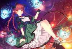 Rule 34 | 1girl, alternate costume, alternate hairstyle, animal ears, bow, braid, brooch, cat ears, chain, dress, extra ears, fire, fire, frilled sleeves, frilled socks, frills, hair bow, jewelry, kaenbyou rin, lace, lace-trimmed dress, lace trim, looking at viewer, multiple braids, petticoat, philomelalilium, pointy ears, red eyes, red hair, shoes, short sleeves, skull, socks, solo, touhou, wheel, white socks, wrist cuffs
