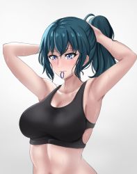 Rule 34 | 1girl, absurdres, armpits, arms up, black sports bra, blue eyes, blue hair, blush, breasts, byleth (female) (fire emblem), byleth (fire emblem), collarbone, drie, fire emblem, fire emblem: three houses, hair tie, hair tie in mouth, highres, large breasts, midriff, mouth hold, nintendo, sidelocks, simple background, sports bra, sweat, tying hair, white background