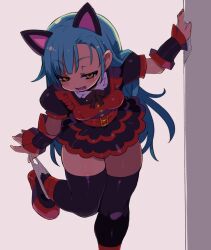 Rule 34 | 1girl, animal ears, belt, black skirt, black thighhighs, blue hair, blush, commentary request, frilled skirt, frills, highres, long hair, looking at viewer, open mouth, original, panties, panties around one ankle, red belt, red footwear, shoes, skirt, solo, standing, standing on one leg, thighhighs, underwear, white panties, wrist cuffs, yellow eyes, zankuro, zettai ryouiki