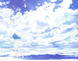 Rule 34 | 1girl, angel, angel wings, bird, blue hair, blue sky, blue theme, cloud, commentary request, day, dress, from behind, horizon, ko (tumugikou), long hair, original, outstretched arms, reflection, ripples, scenery, short dress, sky, solo, sunlight, wading, white dress, wind, wings