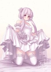 Rule 34 | 1girl, absurdres, alternate costume, bare shoulders, blush, breasts, brown background, closed mouth, detached sleeves, dress, dress flower, falling petals, flower, full body, garter straps, gloves, hair flower, hair ornament, highres, kneeling, lace, lace-trimmed legwear, lace trim, long hair, looking at viewer, medium breasts, petals, puffy short sleeves, puffy sleeves, purple eyes, purple hair, revision, rose, shade of trees, short hair with long locks, short sleeves, sidelocks, signature, simple background, skirt hold, solo, strapless, strapless dress, thighhighs, variant set, vocaloid, voiceroid, wedding dress, white dress, white flower, white gloves, white rose, white thighhighs, yuzuki yukari