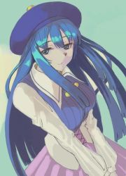 Rule 34 | 1girl, blue eyes, blue hair, blue hat, breasts, closed mouth, cross-laced clothes, hat, large breasts, long hair, long sleeves, multicolored background, pink skirt, pleated skirt, skirt, smile, solo, split mouth, tsutsumi nanase, v arms, vaison, zero one sp