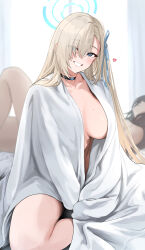 Rule 34 | 1girl, asuna (blue archive), blue archive, indoors, light brown hair, long hair, looking at viewer, no bra, nonbire, sitting, smile, solo