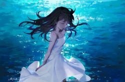 Rule 34 | 1girl, bare arms, brown hair, closed mouth, collarbone, commentary request, cowboy shot, dress, earrings, closed eyes, highres, inuyasha, jewelry, long hair, mmmilk, ocean, rin (inuyasha), sleeveless, sleeveless dress, solo, sparkle, water, white dress