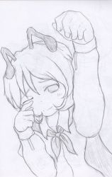 Rule 34 | 1girl, antennae, arm up, blush, cape, clenched hand, finger to face, long sleeves, monochrome, nails, one eye closed, shiogohan, shirt, short hair, sketch, smile, solo, tears, touhou, wiping tears