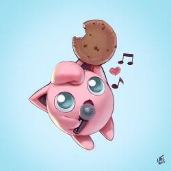 Rule 34 | aqua eyes, arm up, artist name, blue background, cookie, creatures (company), dated, food, food focus, full body, game freak, gen 1 pokemon, happy, heart, highres, holding, jigglypuff, jumping, looking up, microphone, music, musical note, nicholas theil, nintendo, open mouth, pokemon, pokemon (creature), signature, simple background, singing, smile