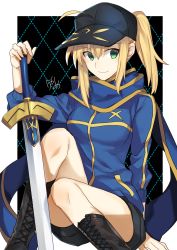 Rule 34 | 1girl, ahoge, artoria pendragon (fate), baseball cap, black hat, black shorts, blonde hair, blue jacket, blue scarf, blush, boots, breasts, closed mouth, cross-laced footwear, fate (series), green eyes, hair between eyes, hand on hilt, hat, highres, jacket, lace-up boots, long hair, long sleeves, medium breasts, mysterious heroine x (fate), nikame, rojiura satsuki: chapter heroine sanctuary, scarf, short shorts, shorts, side ponytail, sidelocks, sitting, smile, solo, sword, track jacket, weapon